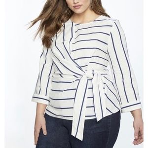 Eloquii Striped white blue linen wrap top 14
